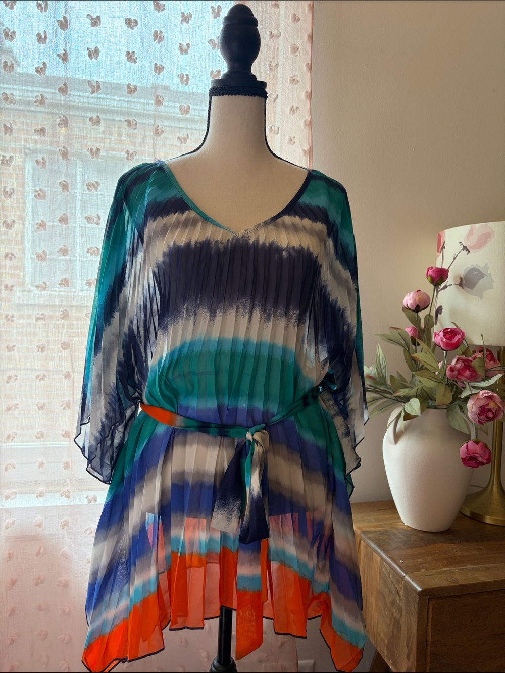 Motherhood Maternity XL Pleated V-Neck Tie Belt Dolman Sleeves Tunic Top EUC